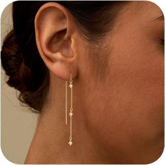 14K Gold Plated Trendy Hoop Huggie Dainty Drop Dangle-E837 Earrings for Women - Picture 1 of 7